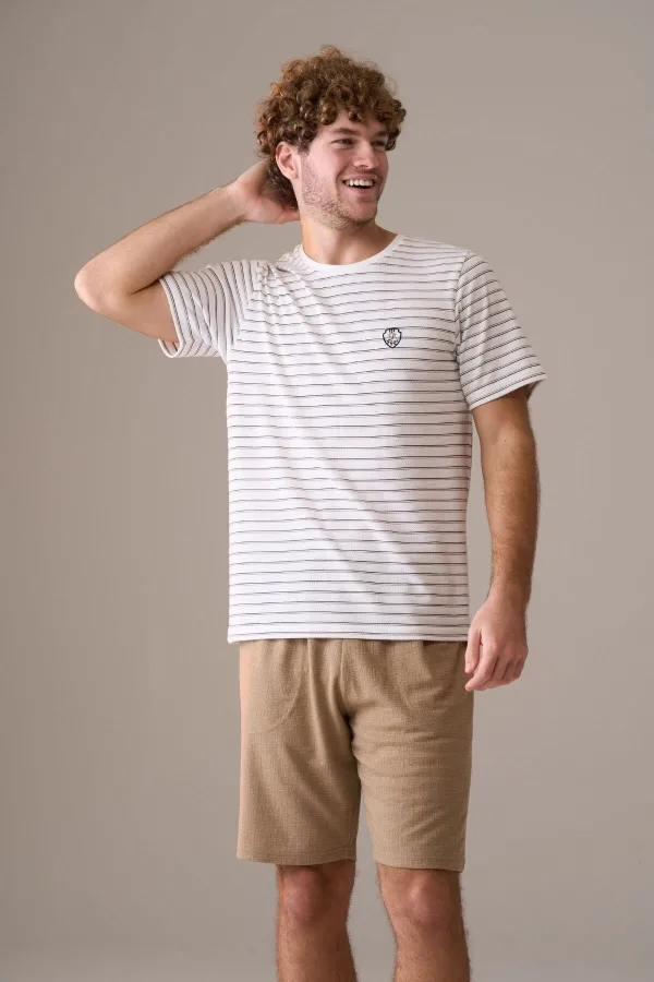 Erkek Kısa Kol %100 Pamuk Şortlu Pijama Takımı Kum Beji