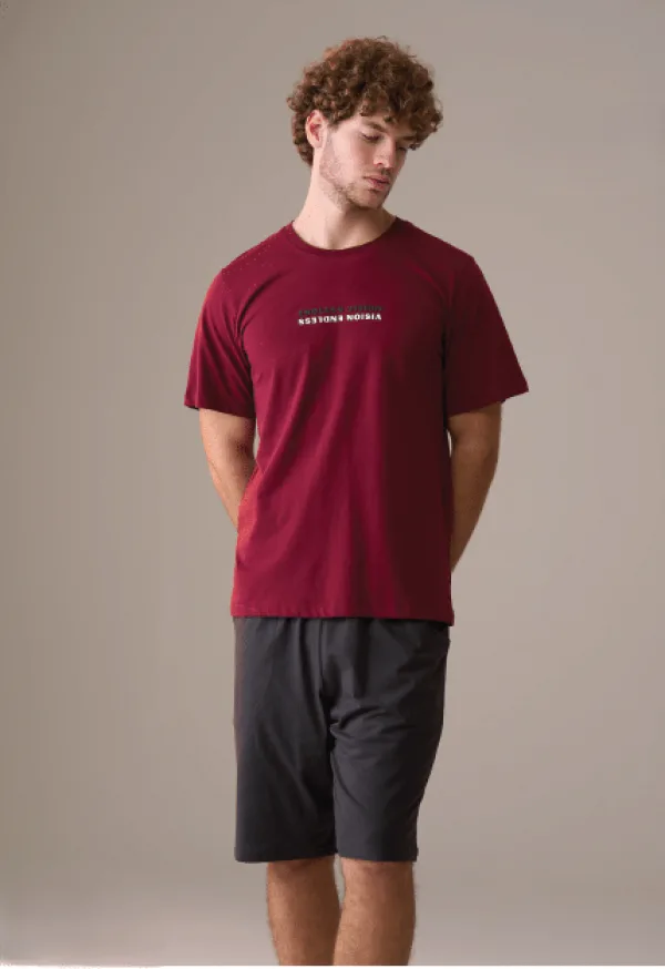 Erkek Kısa Kol %100 Pamuk Şortlu Pijama Takımı Kum Beji