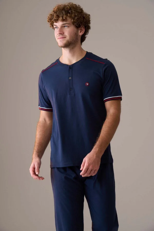 Erkek Kısa Kol Düğmeli Yaka %100 Pamuk Pijama Takımı Siyah