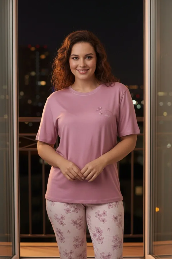 Kadın Kısa Kollu Likralı Büyük Beden Pijama Takımı Yeşil