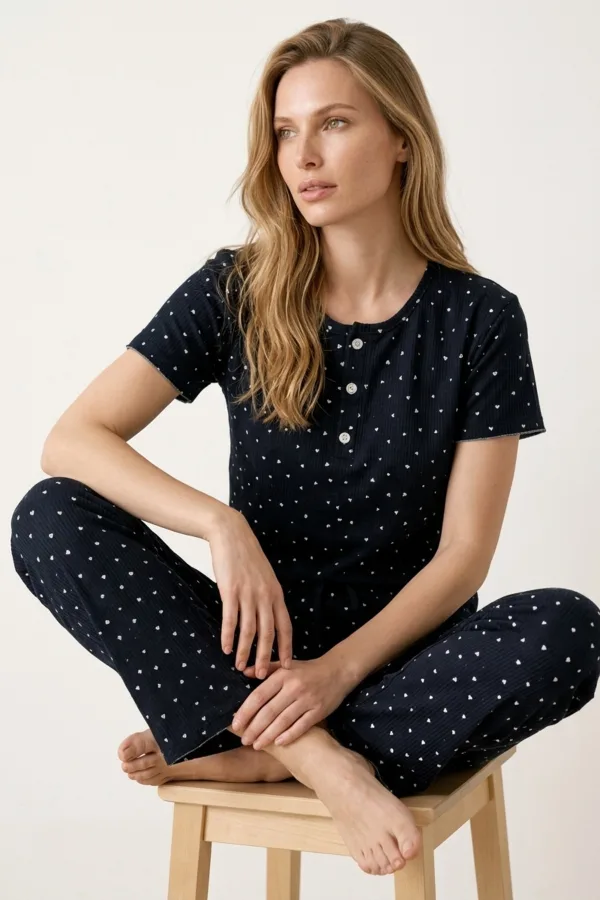 Kadın Lila Ayıcık Desenli Fitilli Kısa Kollu Pijama Takımı