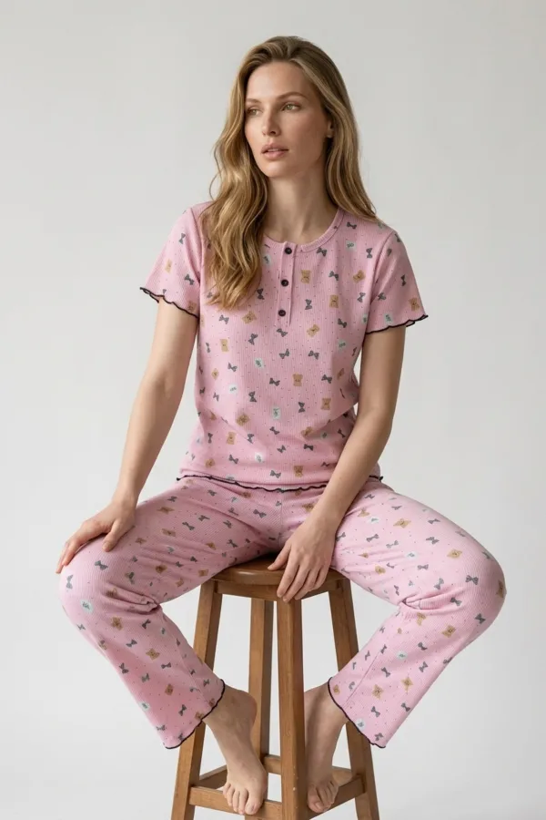 Kadın Lila Ayıcık Desenli Fitilli Kısa Kollu Pijama Takımı