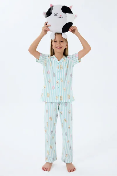 Kız Çocuk Gömlek Yaka Baskılı Yazlık Relaxed Fit Yeşil Pijama Takımı RP3809-C-V2