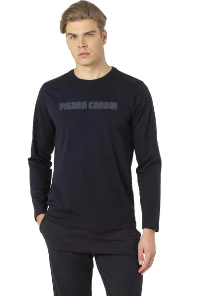 Erkek Lacivert Pijama Takım, %100 Pamuk, Uzunkollu, Cepli