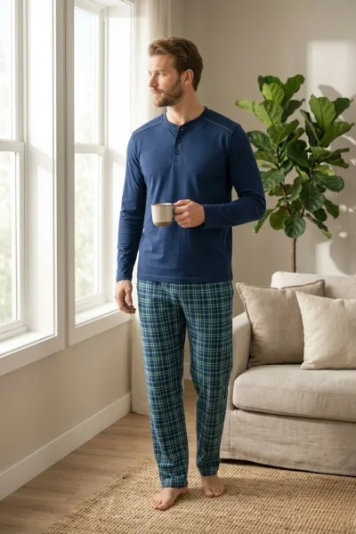 Erkek %100 Pamuk Hayalet Pijama Takımı Uzun Kollu Düğmeli Yaka Penye Üst Ekose Pantolonlu Ev Giyim Seti