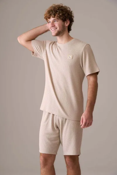 Erkek Kısa Kol %100 Pamuk Şortlu Pijama Takımı Kum Beji