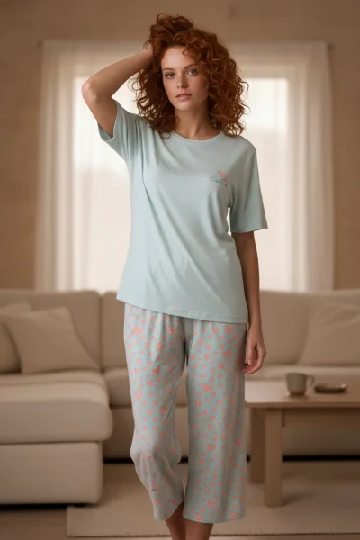 Kadın Kısa Kollu Likralı Kapri Pijama Takımı Mavi