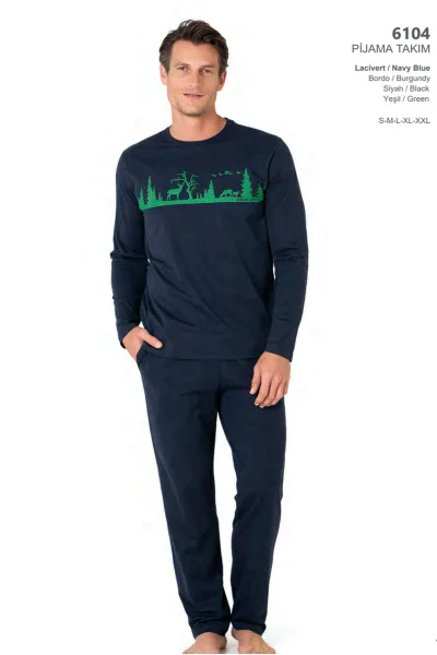 6104 Erkek Uzun Kollu Bisiklet Yaka Pijama Takımı-Lacivert