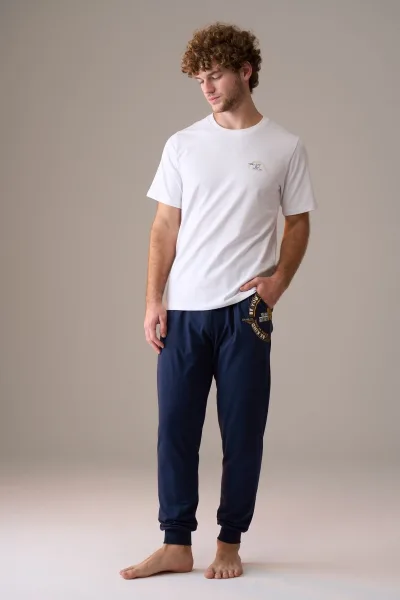Erkek Kısa Kol %100 Pamuk Paçası Lastikli Pijama Takımı Beyaz