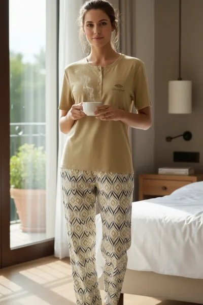 Kadın Kısa Kollu Likralı Düğmeli Yaka Pijama Takımı Bej