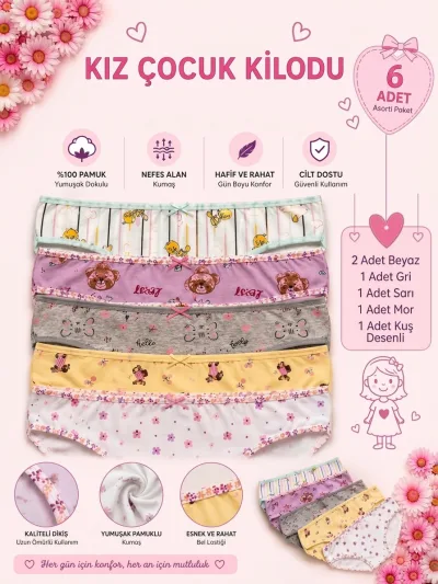Kız Çocuk %100 Pamuklu Ayıcık ve Desenli Renkli Slip Külot 6’li Asorti Paket