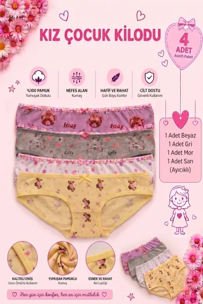 Kız Çocuk %100 Pamuklu Ayıcık ve Desenli Renkli Slip Külot 4’li Asorti Paket