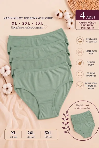 Kadın 4’lü Paket Tek Renk Pamuklu Külot Nefes Alan Likralı slip