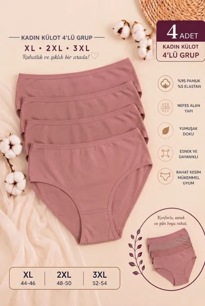 Kadın 4’lü Paket Tek Renk Pamuklu Büyük Beden Külot Nefes Alan Likralı Slip