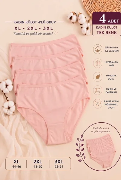 Kadın 4’lü Paket Tek Renk Pamuklu Büyük Beden Külot Nefes Alan Slip
