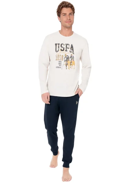 Erkek Pamuklu Rahat Kalıp Bej Melanj Pijama Takımı
