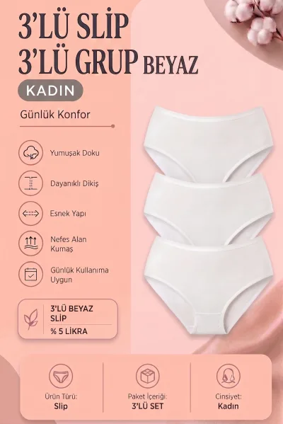 Kadın 3’lü Paket Beyaz Slip Külot – Esnek ve Yumuşak Doku Günlük İç Çamaşırı