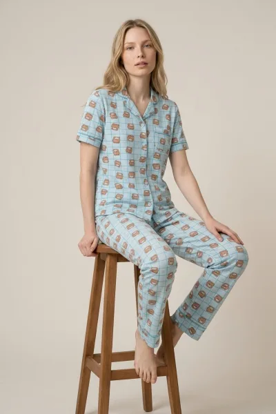 Kadın Mint Ayıcık Desenli Cepli Pamuklu Kısa Kollu Pijama Takımı