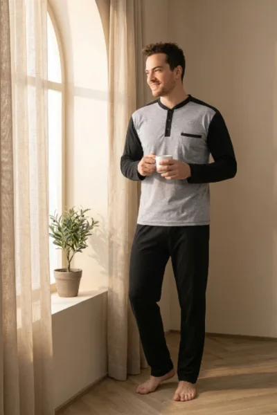 Erkek Pijama Takımı Uzun Kollu Düğmeli Yaka Cepli Çizgili Alt Compact Penye Pamuklu Ev Giyim Eşofman Takımı