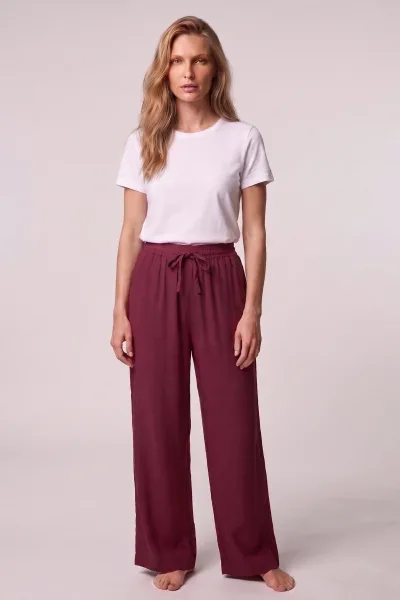 Kadın Pamuklu Dokuma Pijama Altı Beli Lastikli Bağlamalı Geniş Paça Rahat Kesim Tek Alt