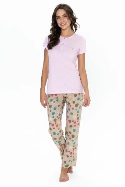 Pamuklu, Yakası Düğmeli, Kısa Kollu, Puantiyeli, Kadın Pijama Takımı