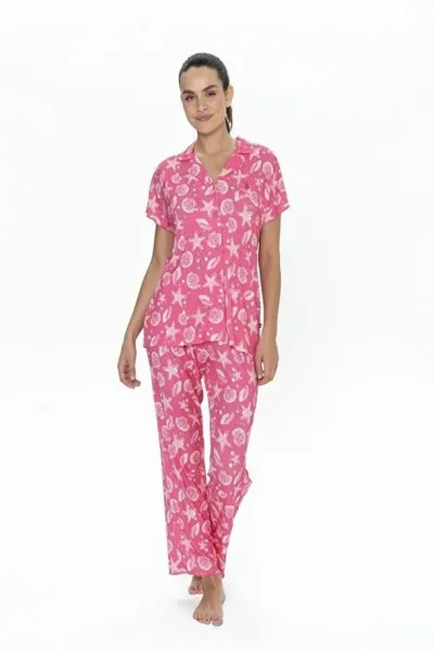 20084 Deniz Yıldızı Desenli Boydan Düğmeli Gömlek Pijama Takım