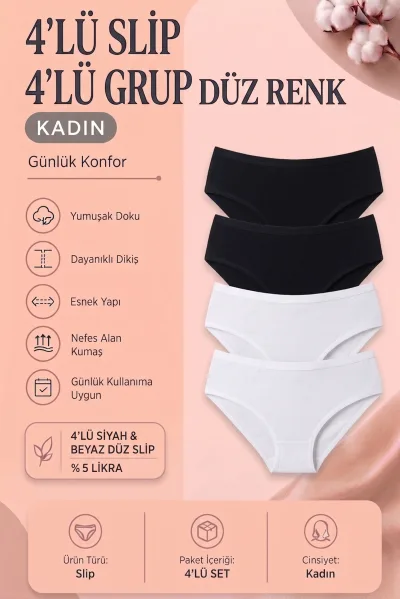4’lü Paket Kadın Slip Külot Seti Esnek Likralı Pamuklu Dikişli Konfor Külot