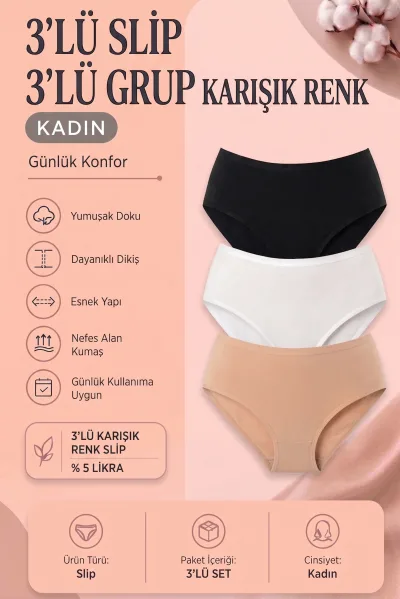 3′ lü Paket Kadın Slip Külot Seti Esnek Likralı Pamuklu Dikişli Konfor Külot