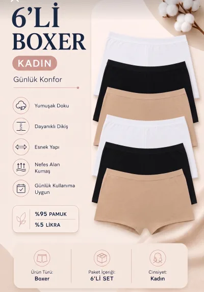 6’lü Paket Kadın Pamuklu Boxer Seti Likralı Esnek Konforlu Günlük İç Giyim