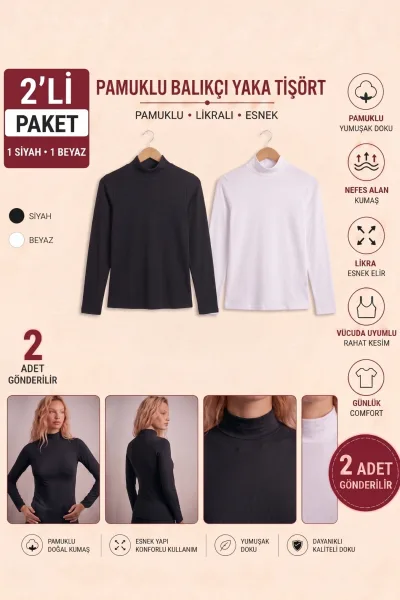Kadın 2’lı Balıkçı Yaka Boğazlı Body Paketi Pamuklu Esnek Rahat Kesim Siyah Beyaz Bluz Seti