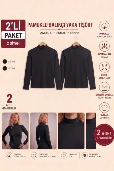 Kadın 2’lı Balıkçı Yaka Boğazlı Body Paketi Pamuklu Esnek Rahat Kesim Siyah Beyaz Bluz Seti
