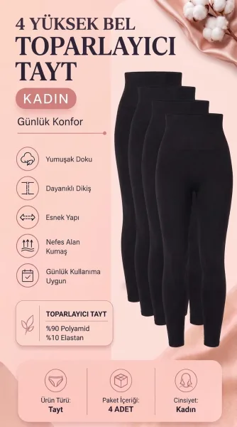 4’lü Avantaj Paketi Kadın Siyah Yüksek Bel Toparlayıcı Tayt – Korse Etkili Günlük Tayt Seti