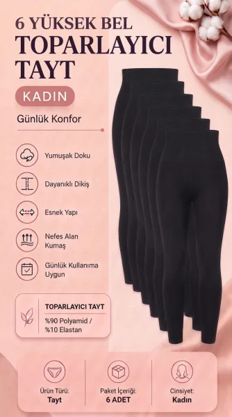6’lı Avantaj Paketi Kadın Siyah Yüksek Bel Toparlayıcı Tayt – Korse Etkili Günlük Tayt Seti