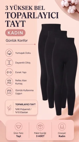 3’lu Avantaj Paketi Kadın Siyah Yüksek Bel Toparlayıcı Tayt – Korse Etkili Günlük Tayt Seti