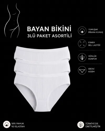 Kadın 3’lü Paket Beyaz Fitilli Pamuklu Modal Külot – Ekstra Esnek ve Yumuşak Dokulu İç Çamaşırı