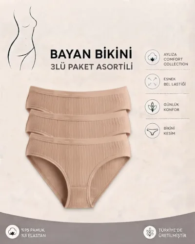 Kadın 3’lü Paket ten rengi Fitilli Pamuklu Modal Külot – Ekstra Esnek ve Yumuşak Dokulu İç Çamaşırı