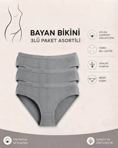 Kadın 3’lü Paket Gri Fitilli Pamuklu Modal Külot – Ekstra Esnek ve Yumuşak Dokulu İç Çamaşırı