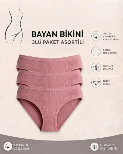 Kadın 3’lü Paket Gül kurusu Fitilli Pamuklu Modal Külot – Ekstra Esnek ve Yumuşak Dokulu İç Çamaşırı