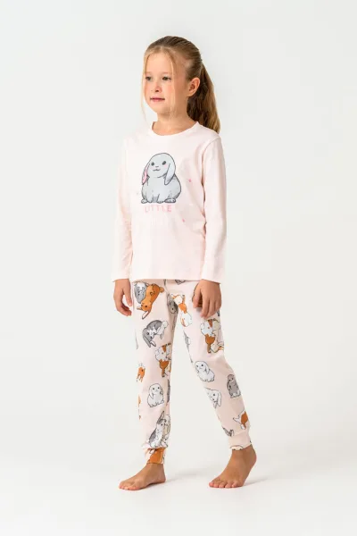 Kız Çocuk Bisiklet Yaka Baskılı Yazlık Relaxed Fit Pembe Pijama Takımı RP3775-C-V2