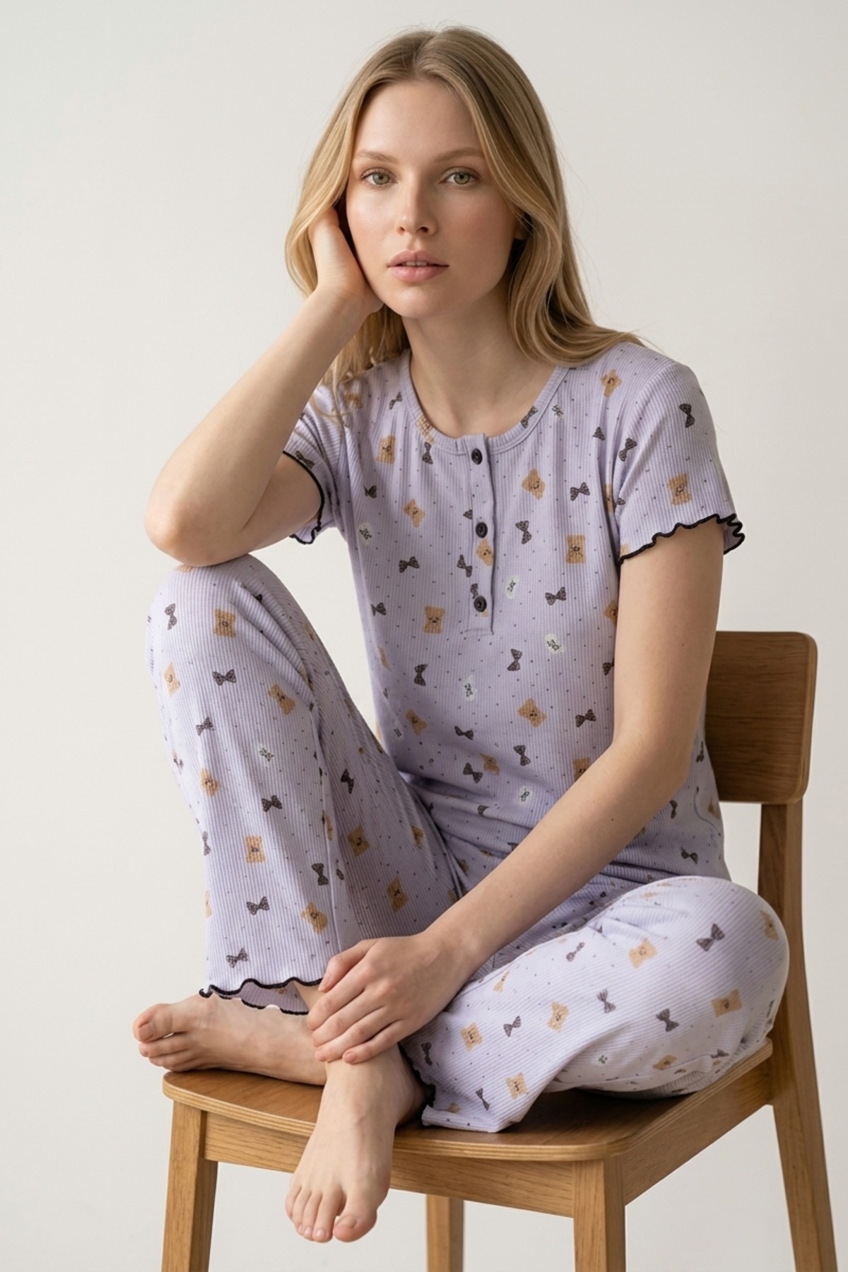 Kadın Lila Ayıcık Desenli Fitilli Kısa Kollu Pijama Takımı