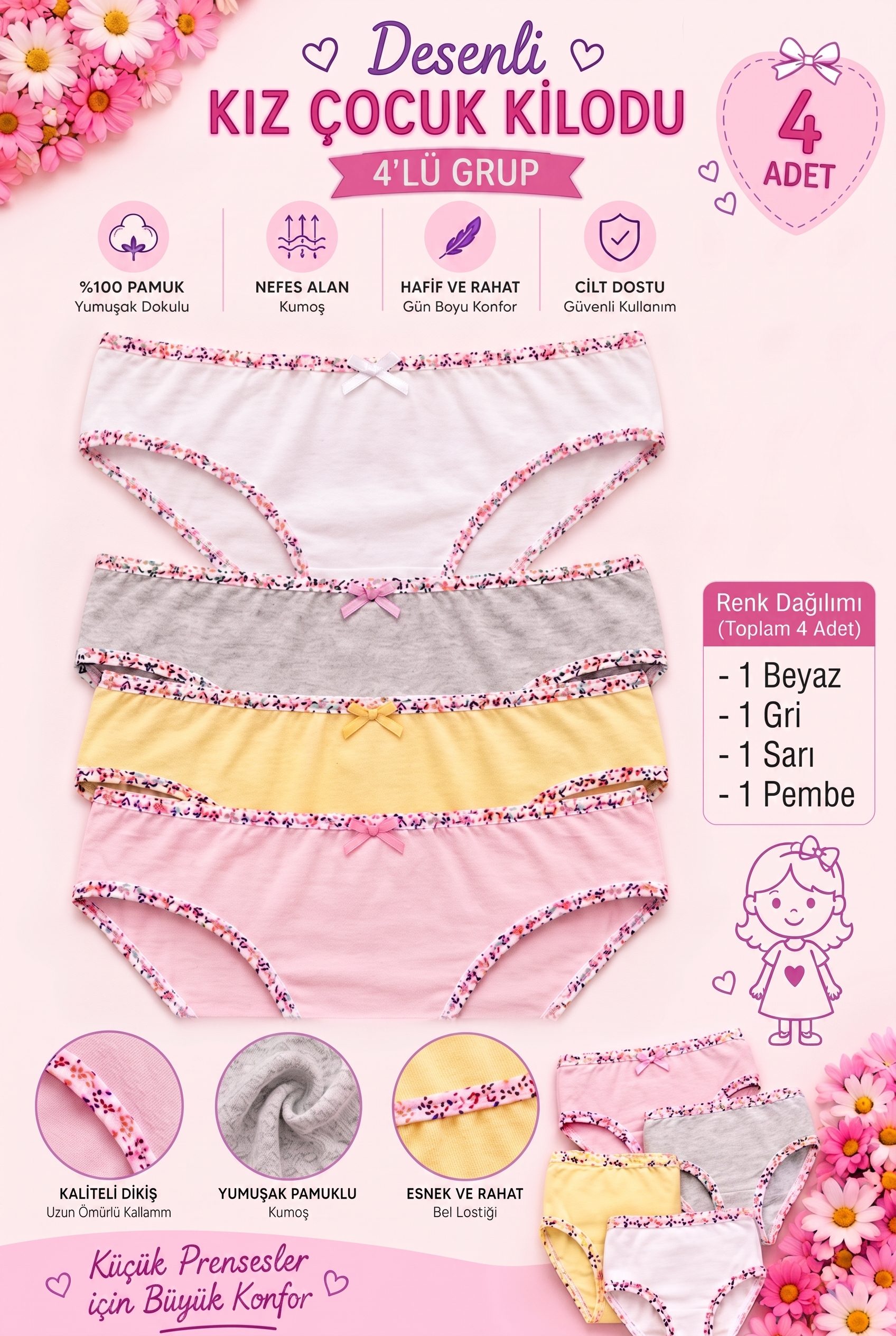 Çocuk Kız Çocuk %100 Pamuk Renkli Desenli Biyeli Slip İç Çamaşırı 4’li Asorti Paket