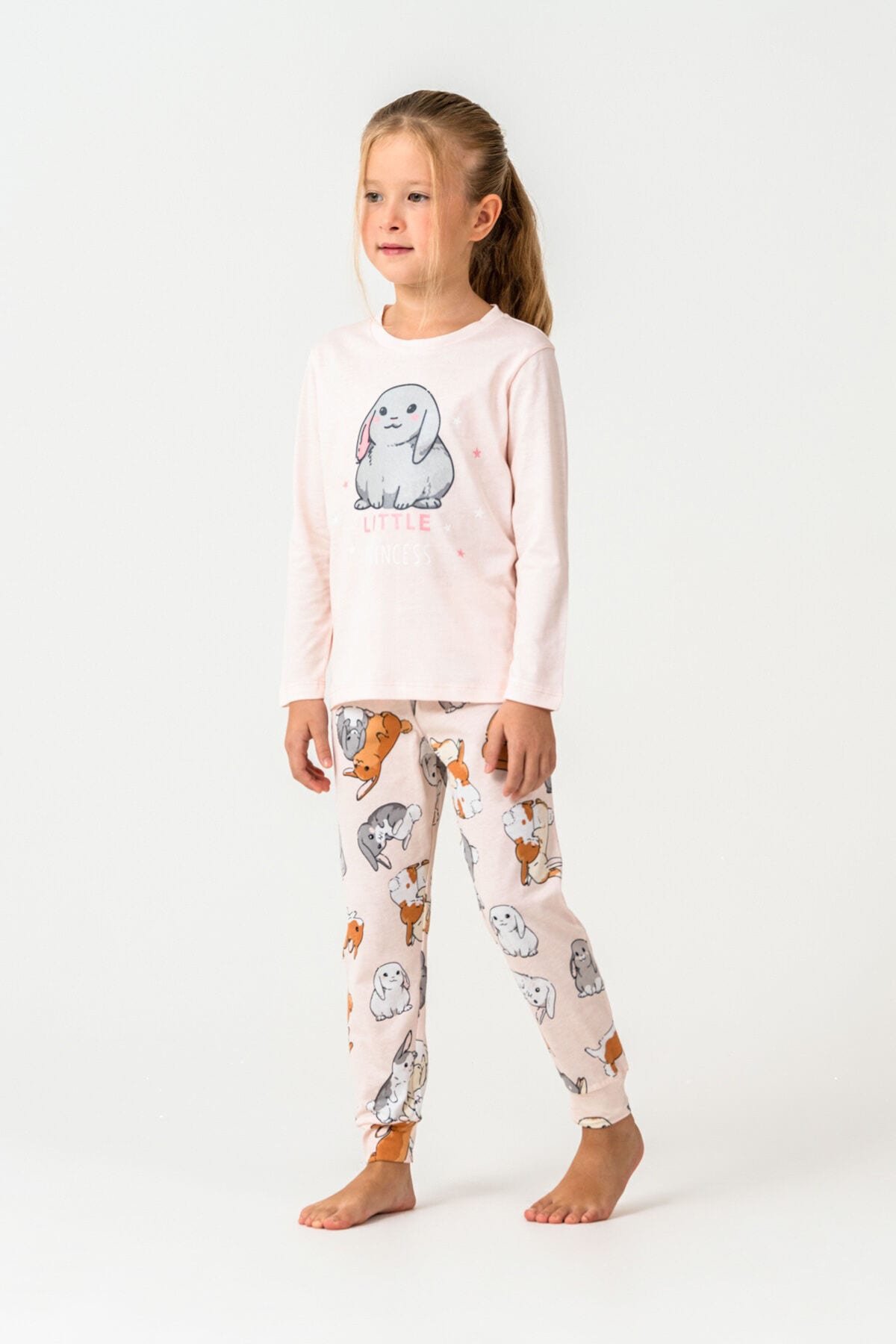 Kız Çocuk Bisiklet Yaka Baskılı Yazlık Relaxed Fit Pembe Pijama Takımı RP3775-C-V2